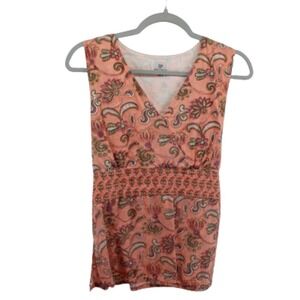 Anokhi Cotton Block Print Top Womens M Peach Paisley Boho India Sleeveless